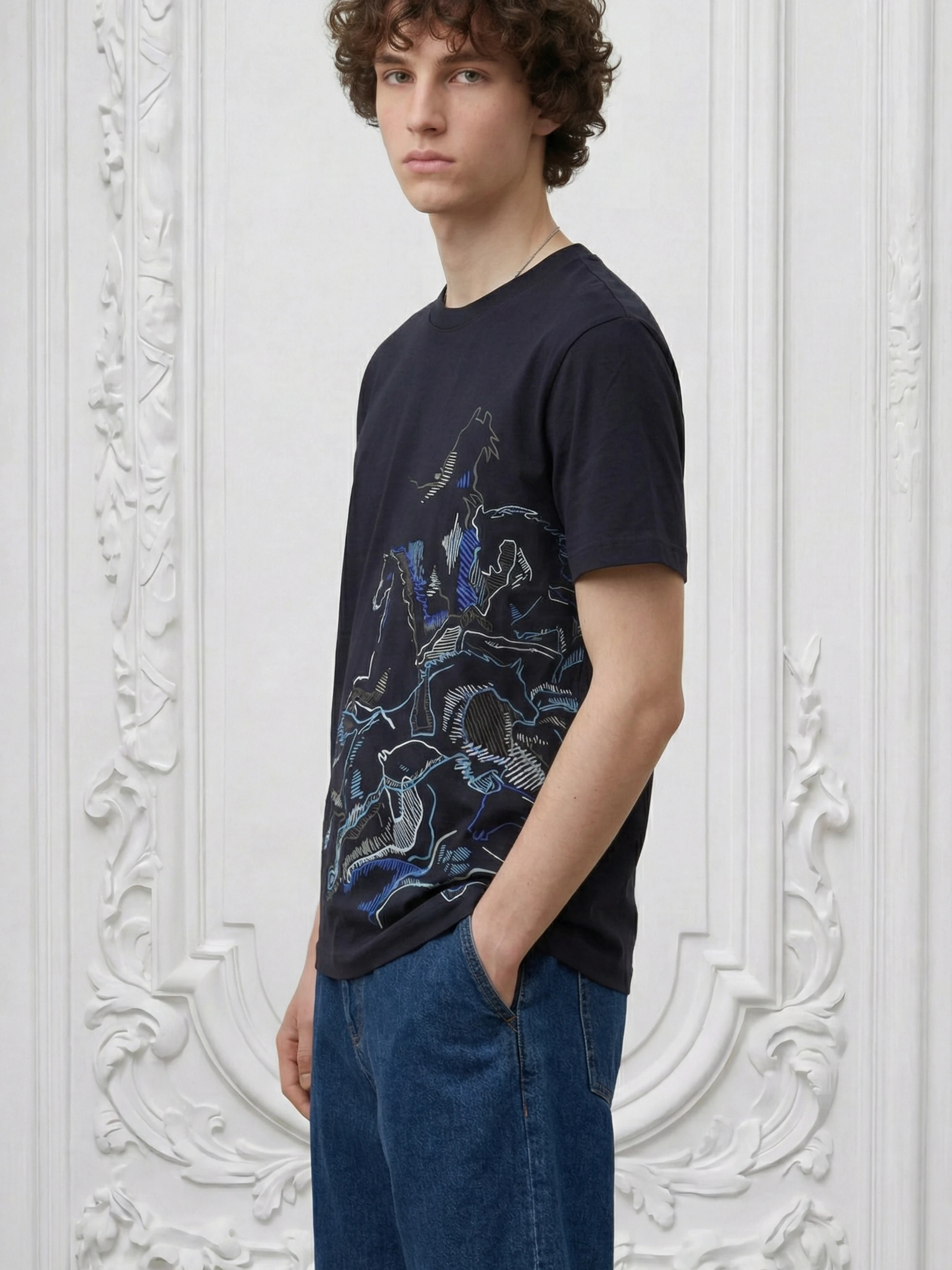 Hernes At Nakışlı İlham Veren Erkek Lacivert Tişört